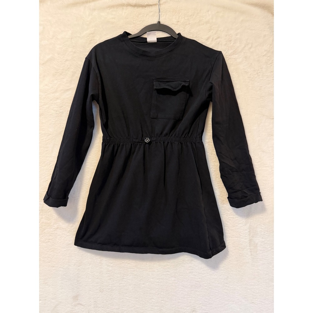 Zara Girls Black Long Sleeve Cinched Waist Dress Size 11-12 Utility Pocket 152cm